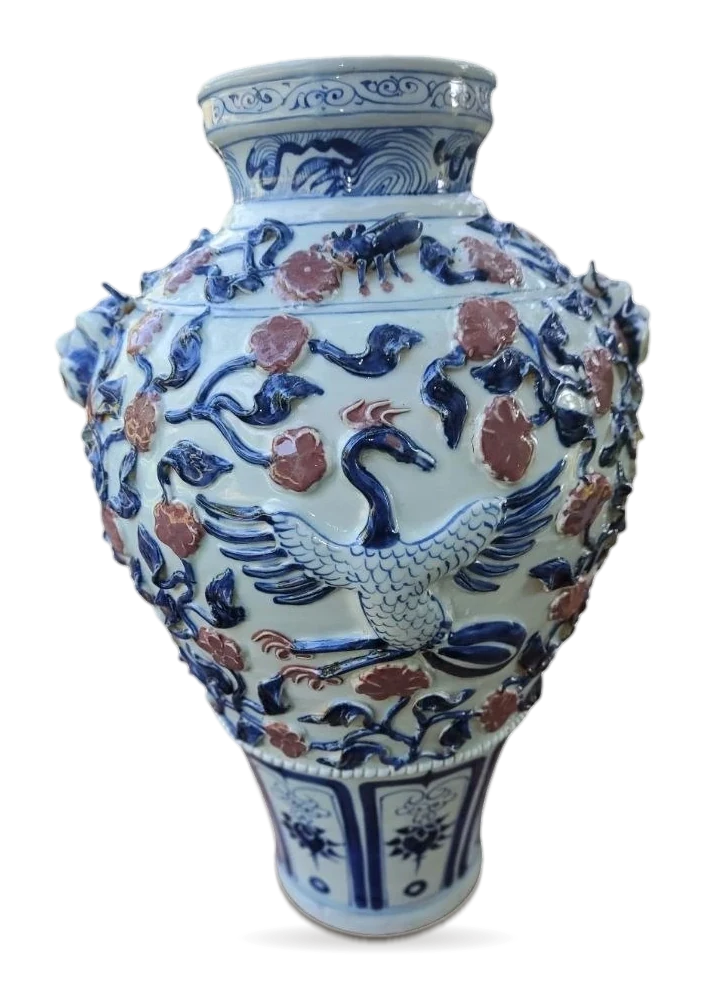 A Large Moulded and Applied Blue and White and Copper-Red ‘Phoenix’ Meiping